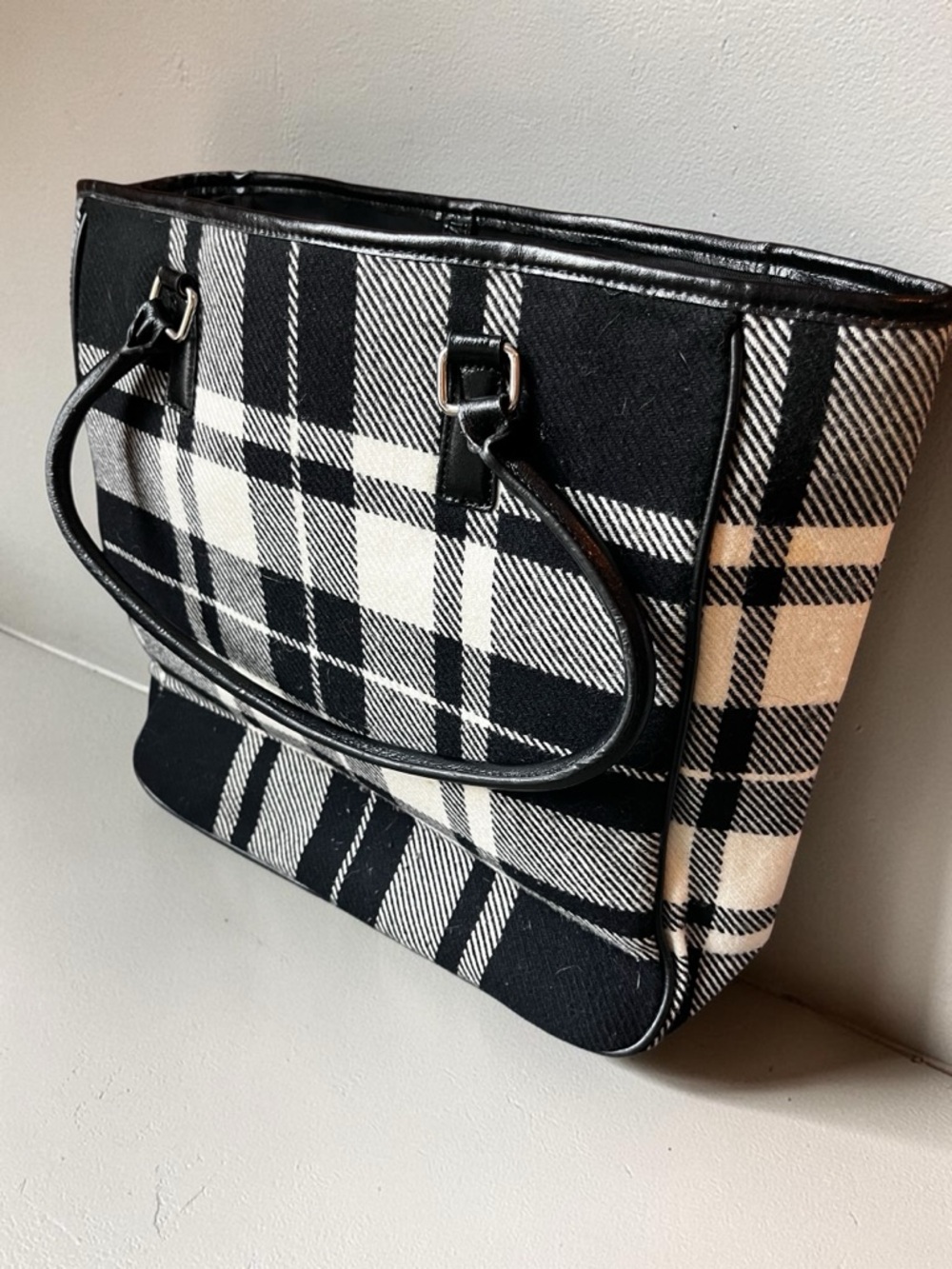 Banana Republic Black & White Plaid Wool Blend Shoulder Tote Work Bag Y2K